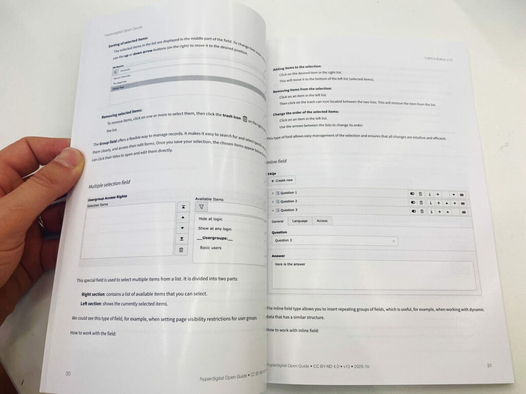 Průvodce TYPO3 otevřen s kapitolou Workspaces a podrobnými snímky obrazovky