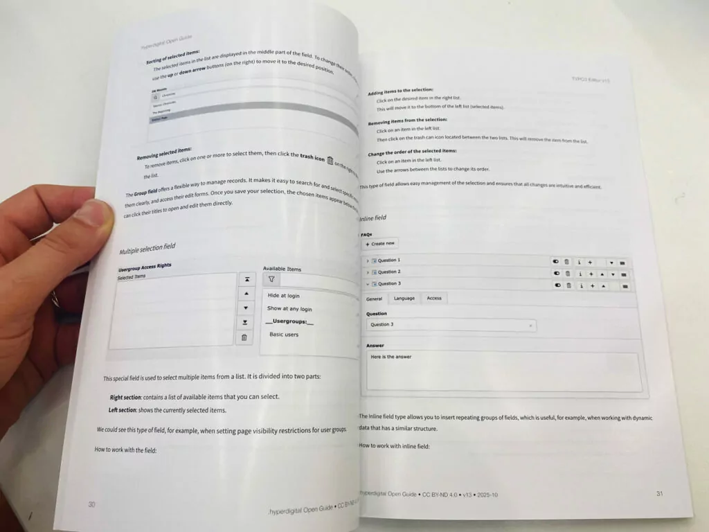 Průvodce TYPO3 otevřen s kapitolou Workspaces a podrobnými snímky obrazovky