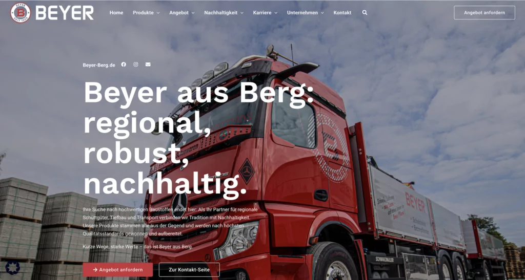 Screenshot domovské stránky Beyer aus Berg po obnovení WordPressu s CTA "Vyžádat si nabídku"