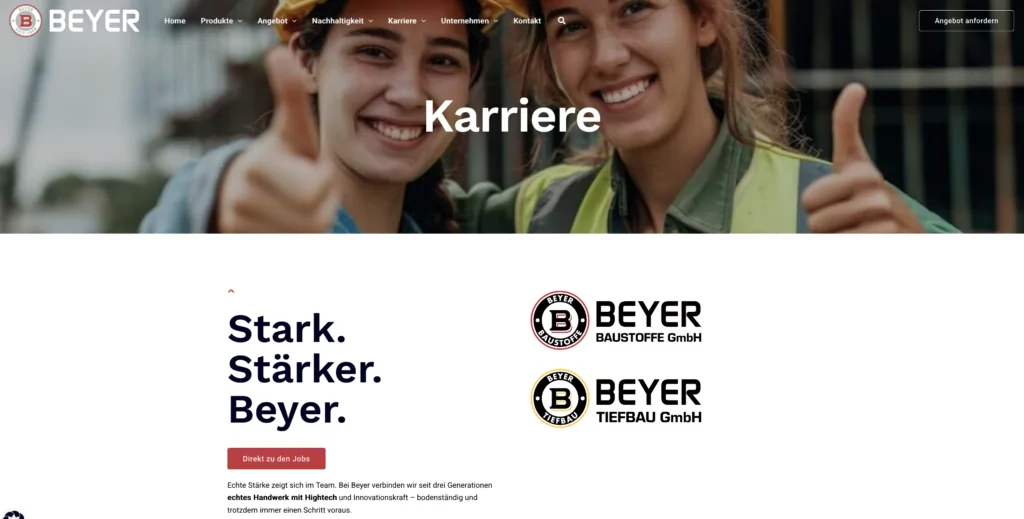 Snímek obrazovky kariérní stránky Beyer z Bergu po obnovení WordPressu, s velkým nadpisem "Kariéra" a záznamem o náboru.