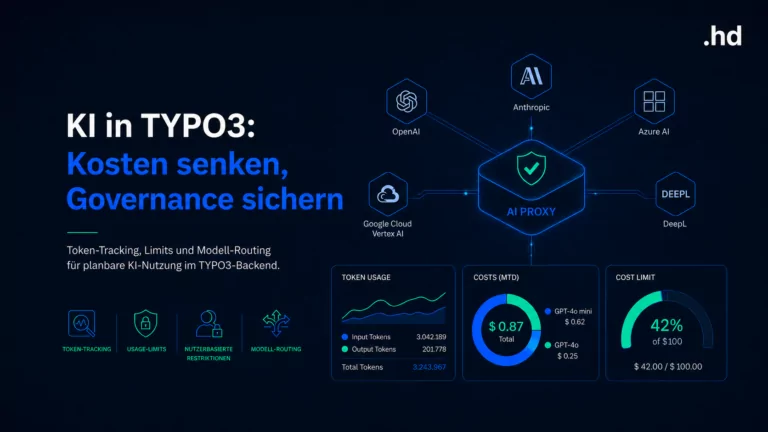 KI in TYPO3: schematische Darstellung eines zentralen KI-Proxys, der Anfragen an verschiedene Anbieter steuert.