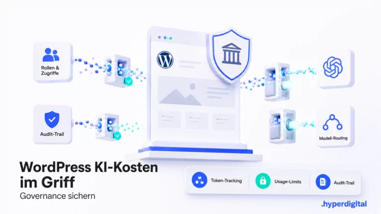 Umělá inteligence ve WordPressu: schématické znázornění centrální brány AI pro kontrolu nákladů a správu