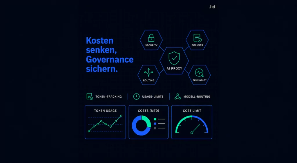KI in TYPO3: schematische Darstellung eines zentralen KI-Proxys, der Anfragen an verschiedene Anbieter steuert.