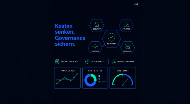 KI in TYPO3: schematische Darstellung eines zentralen KI-Proxys, der Anfragen an verschiedene Anbieter steuert.